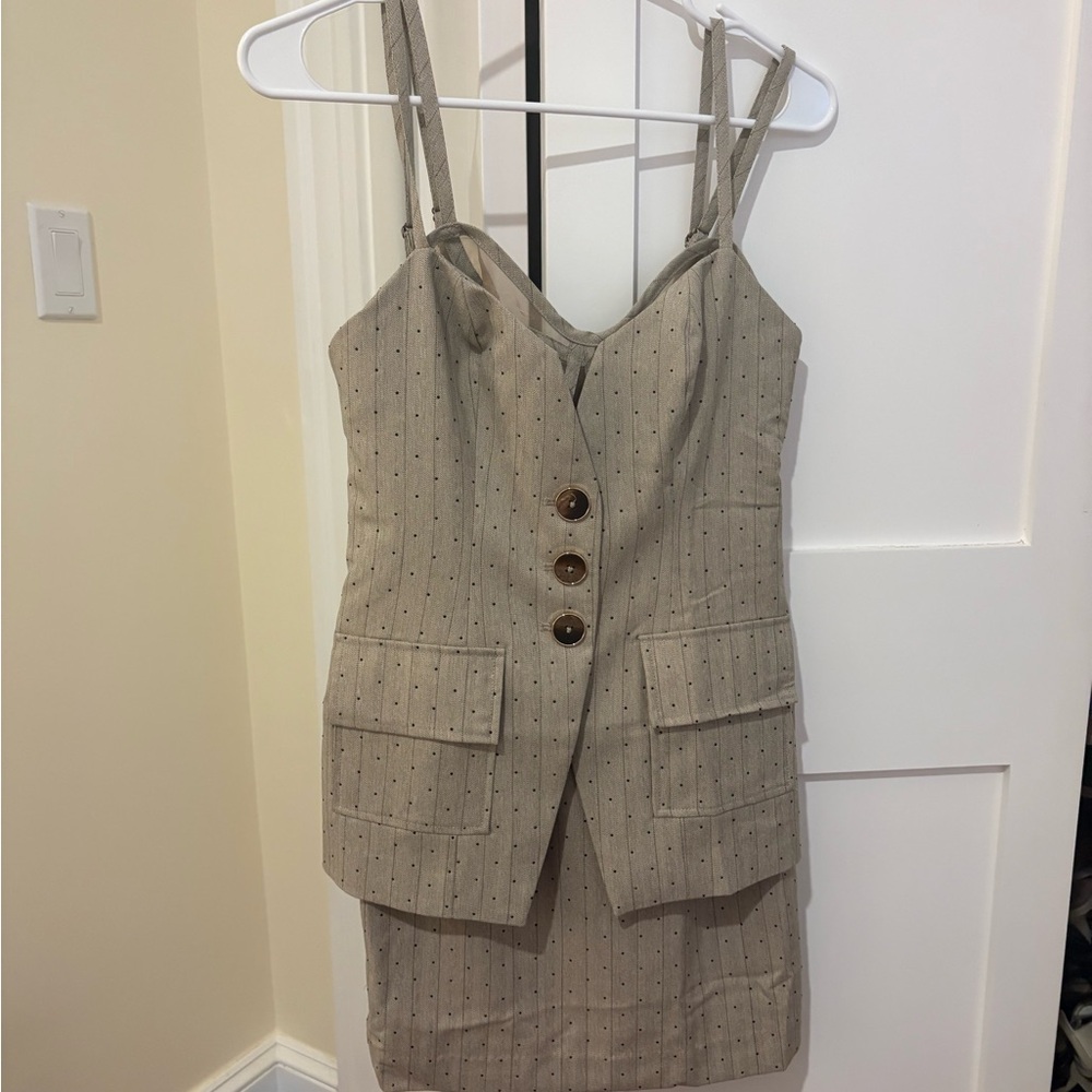 Anthropologie Maeve Taupe Pinstripe Top with Accent Button